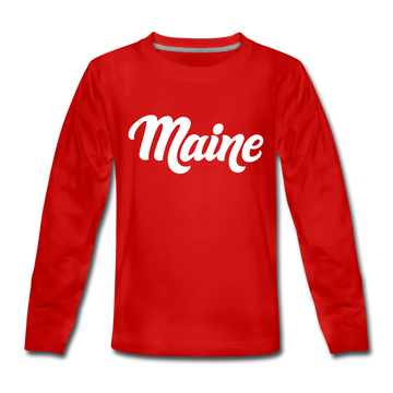 Maine Youth Long Sleeve Shirt - Hand Lettered Youth Long Sleeve Maine Tee - red