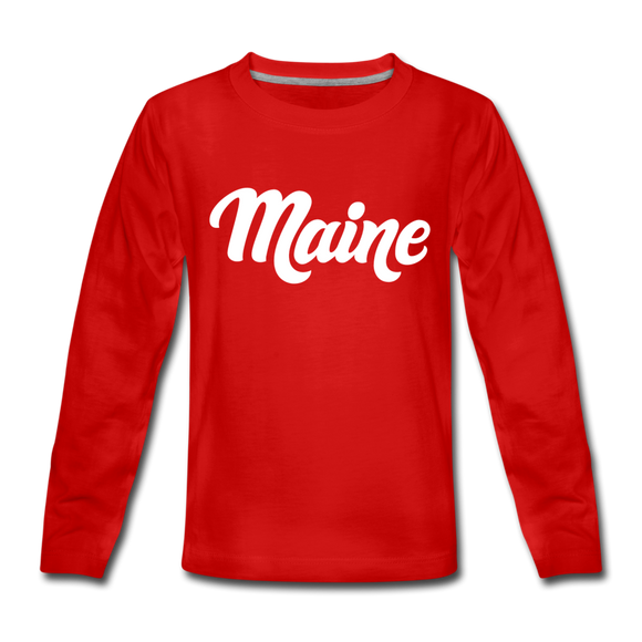 Maine Youth Long Sleeve Shirt - Hand Lettered Youth Long Sleeve Maine Tee - red