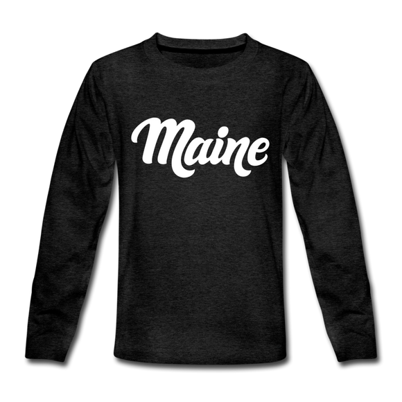 Maine Youth Long Sleeve Shirt - Hand Lettered Youth Long Sleeve Maine Tee - charcoal gray