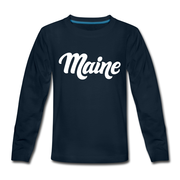 Maine Youth Long Sleeve Shirt - Hand Lettered Youth Long Sleeve Maine Tee - deep navy