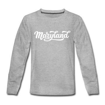 Maryland Youth Long Sleeve Shirt - Hand Lettered Youth Long Sleeve Maryland Tee - heather gray