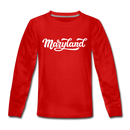 Maryland Youth Long Sleeve Shirt - Hand Lettered Youth Long Sleeve Maryland Tee - red