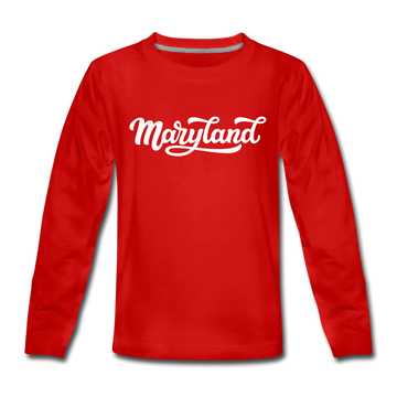 Maryland Youth Long Sleeve Shirt - Hand Lettered Youth Long Sleeve Maryland Tee - red