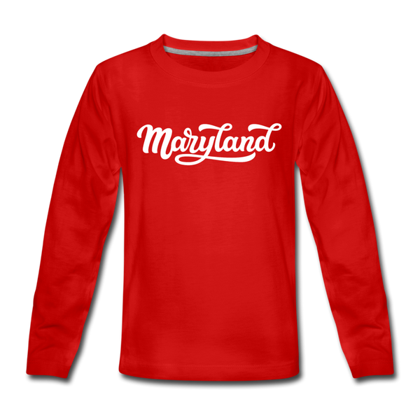 Maryland Youth Long Sleeve Shirt - Hand Lettered Youth Long Sleeve Maryland Tee - red