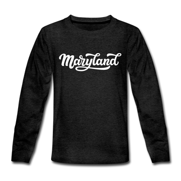 Maryland Youth Long Sleeve Shirt - Hand Lettered Youth Long Sleeve Maryland Tee - charcoal gray