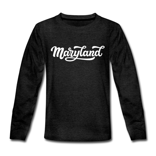 Maryland Youth Long Sleeve Shirt - Hand Lettered Youth Long Sleeve Maryland Tee - charcoal gray