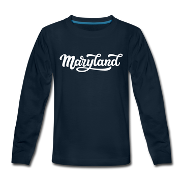Maryland Youth Long Sleeve Shirt - Hand Lettered Youth Long Sleeve Maryland Tee - deep navy