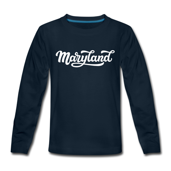 Maryland Youth Long Sleeve Shirt - Hand Lettered Youth Long Sleeve Maryland Tee - deep navy