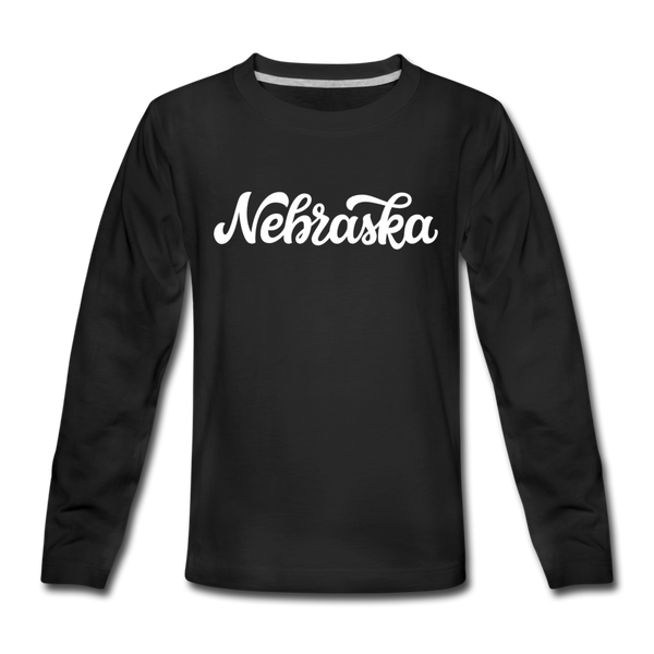 Nebraska Youth Long Sleeve Shirt - Hand Lettered Youth Long Sleeve Nebraska Tee - black