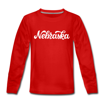 Nebraska Youth Long Sleeve Shirt - Hand Lettered Youth Long Sleeve Nebraska Tee - red