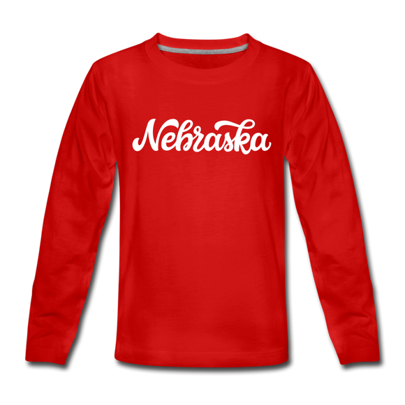 Nebraska Youth Long Sleeve Shirt - Hand Lettered Youth Long Sleeve Nebraska Tee - red