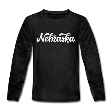 Nebraska Youth Long Sleeve Shirt - Hand Lettered Youth Long Sleeve Nebraska Tee - charcoal gray