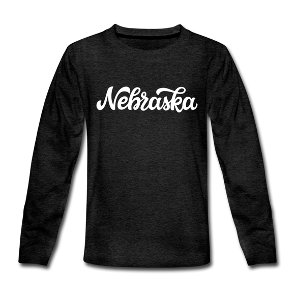 Nebraska Youth Long Sleeve Shirt - Hand Lettered Youth Long Sleeve Nebraska Tee - charcoal gray