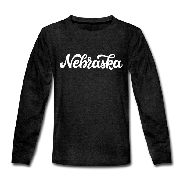 Nebraska Youth Long Sleeve Shirt - Hand Lettered Youth Long Sleeve Nebraska Tee - charcoal gray