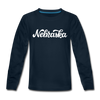 Nebraska Youth Long Sleeve Shirt - Hand Lettered Youth Long Sleeve Nebraska Tee - deep navy