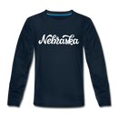 Nebraska Youth Long Sleeve Shirt - Hand Lettered Youth Long Sleeve Nebraska Tee - deep navy