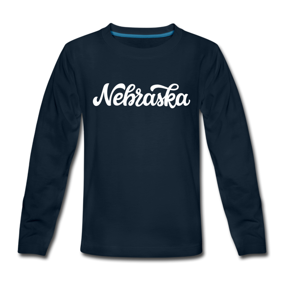 Nebraska Youth Long Sleeve Shirt - Hand Lettered Youth Long Sleeve Nebraska Tee - deep navy