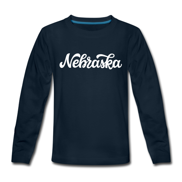 Nebraska Youth Long Sleeve Shirt - Hand Lettered Youth Long Sleeve Nebraska Tee - deep navy