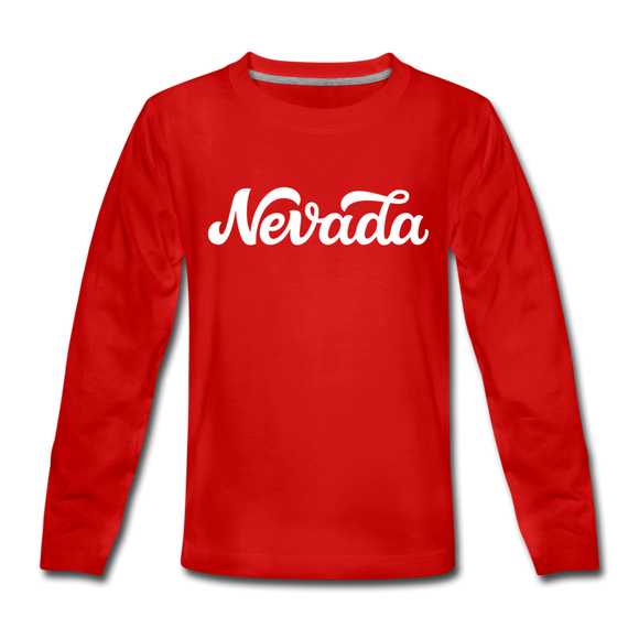 Nevada Youth Long Sleeve Shirt - Hand Lettered Youth Long Sleeve Nevada Tee - red