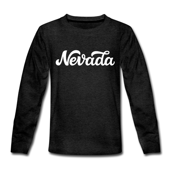 Nevada Youth Long Sleeve Shirt - Hand Lettered Youth Long Sleeve Nevada Tee - charcoal gray