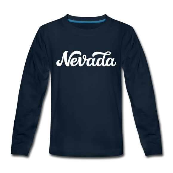 Nevada Youth Long Sleeve Shirt - Hand Lettered Youth Long Sleeve Nevada Tee - deep navy