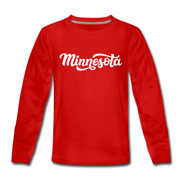 Minnesota Youth Long Sleeve Shirt - Hand Lettered Youth Long Sleeve Minnesota Tee - red