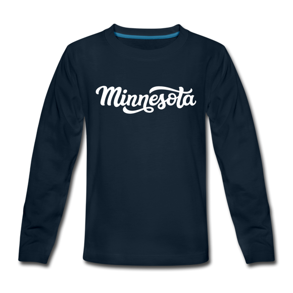 Minnesota Youth Long Sleeve Shirt - Hand Lettered Youth Long Sleeve Minnesota Tee - deep navy