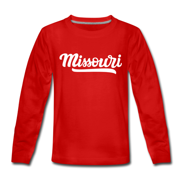 Missouri Youth Long Sleeve Shirt - Hand Lettered Youth Long Sleeve Missouri Tee - red