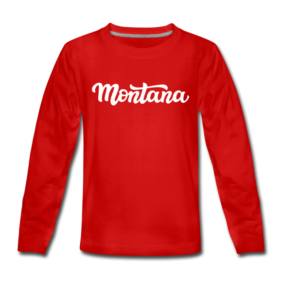 Montana Youth Long Sleeve Shirt - Hand Lettered Youth Long Sleeve Montana Tee - red