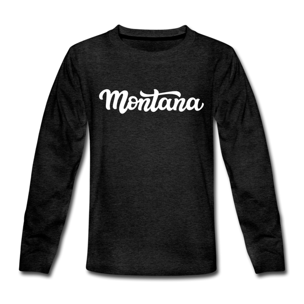 Montana Youth Long Sleeve Shirt - Hand Lettered Youth Long Sleeve Montana Tee - charcoal gray