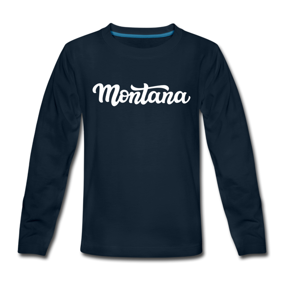 Montana Youth Long Sleeve Shirt - Hand Lettered Youth Long Sleeve Montana Tee - deep navy