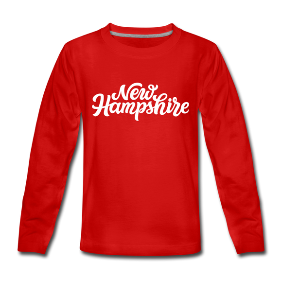 New Hampshire Youth Long Sleeve Shirt - Hand Lettered Youth Long Sleeve New Hampshire Tee - red