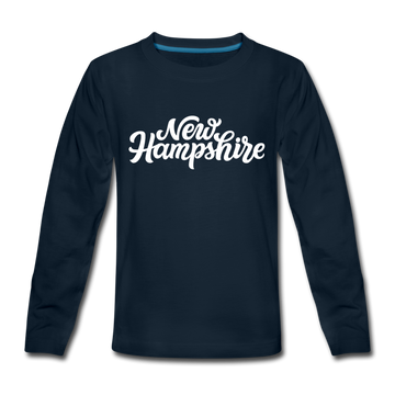 New Hampshire Youth Long Sleeve Shirt - Hand Lettered Youth Long Sleeve New Hampshire Tee - deep navy