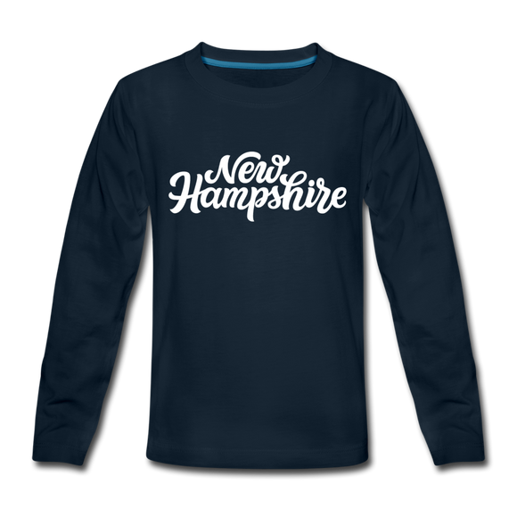 New Hampshire Youth Long Sleeve Shirt - Hand Lettered Youth Long Sleeve New Hampshire Tee - deep navy