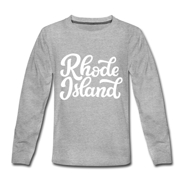 Rhode Island Youth Long Sleeve Shirt - Hand Lettered Youth Long Sleeve Rhode Island Tee - heather gray