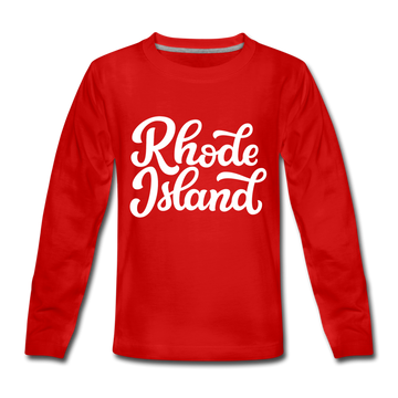 Rhode Island Youth Long Sleeve Shirt - Hand Lettered Youth Long Sleeve Rhode Island Tee - red
