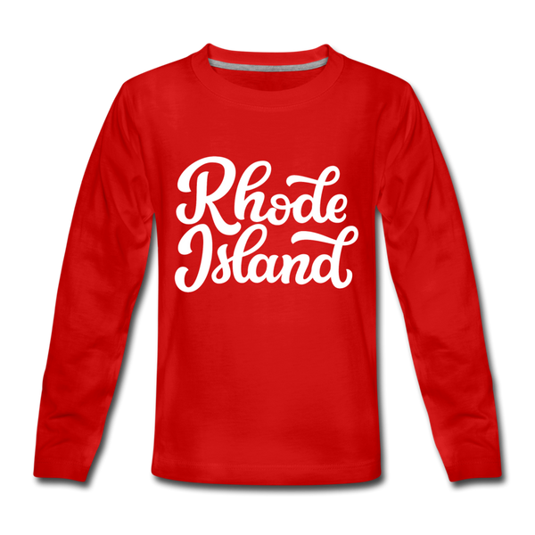 Rhode Island Youth Long Sleeve Shirt - Hand Lettered Youth Long Sleeve Rhode Island Tee - red