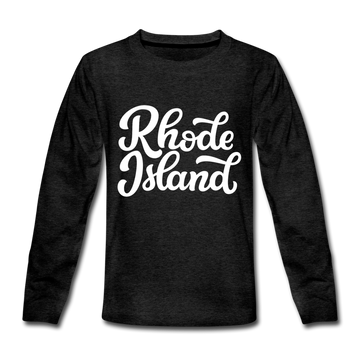 Rhode Island Youth Long Sleeve Shirt - Hand Lettered Youth Long Sleeve Rhode Island Tee - charcoal gray