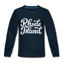 Rhode Island Youth Long Sleeve Shirt - Hand Lettered Youth Long Sleeve Rhode Island Tee - deep navy