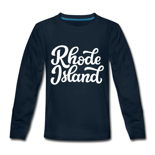 Rhode Island Youth Long Sleeve Shirt - Hand Lettered Youth Long Sleeve Rhode Island Tee - deep navy