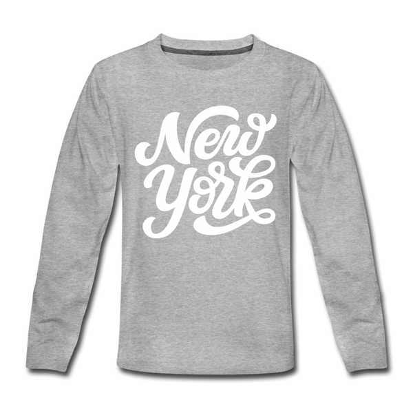 New York Youth Long Sleeve Shirt - Hand Lettered Youth Long Sleeve New York Tee - heather gray