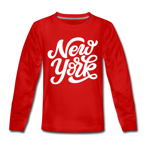 New York Youth Long Sleeve Shirt - Hand Lettered Youth Long Sleeve New York Tee - red