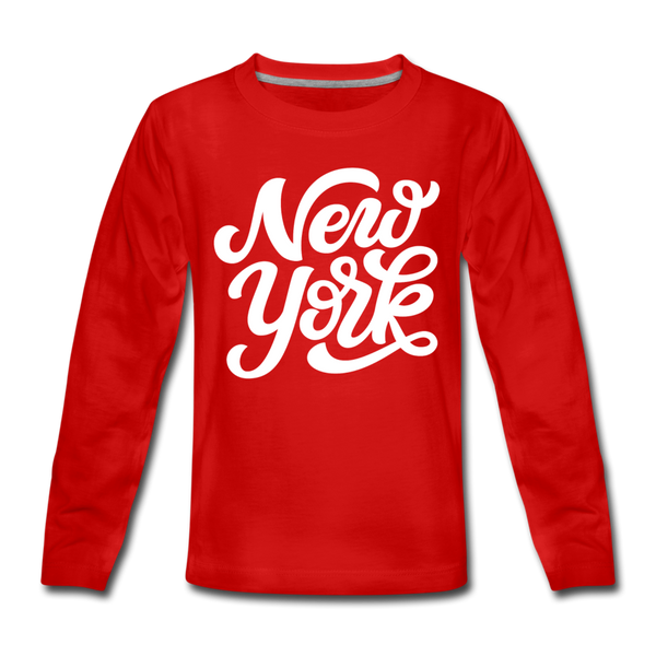 New York Youth Long Sleeve Shirt - Hand Lettered Youth Long Sleeve New York Tee - red