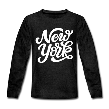 New York Youth Long Sleeve Shirt - Hand Lettered Youth Long Sleeve New York Tee - charcoal gray