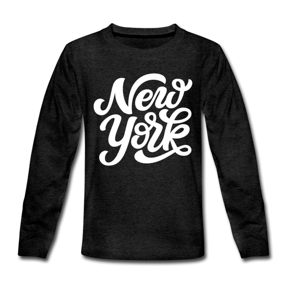 New York Youth Long Sleeve Shirt - Hand Lettered Youth Long Sleeve New York Tee - charcoal gray