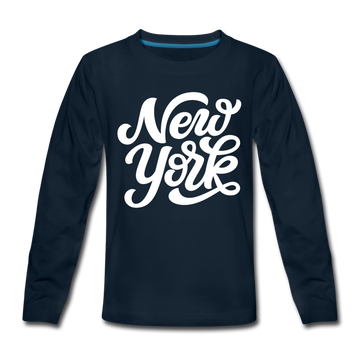 New York Youth Long Sleeve Shirt - Hand Lettered Youth Long Sleeve New York Tee - deep navy