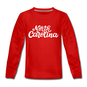 North Carolina Youth Long Sleeve Shirt - Hand Lettered Youth Long Sleeve North Carolina Tee - red