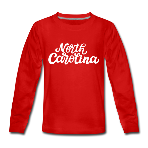 North Carolina Youth Long Sleeve Shirt - Hand Lettered Youth Long Sleeve North Carolina Tee - red