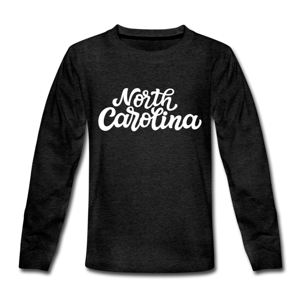 North Carolina Youth Long Sleeve Shirt - Hand Lettered Youth Long Sleeve North Carolina Tee - charcoal gray