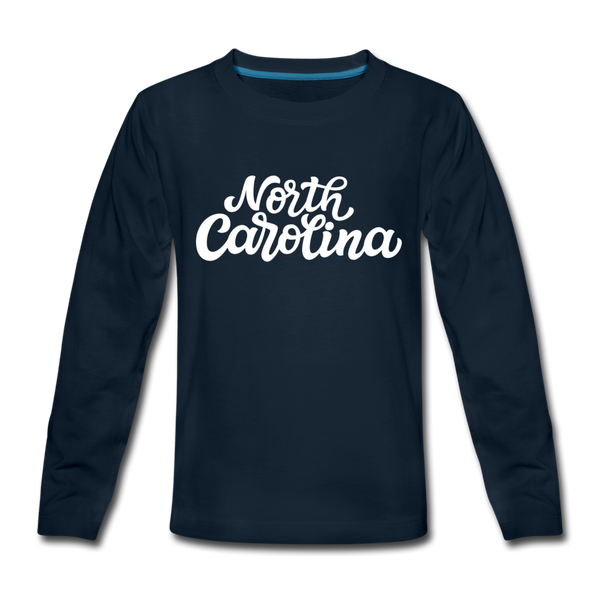 North Carolina Youth Long Sleeve Shirt - Hand Lettered Youth Long Sleeve North Carolina Tee - deep navy